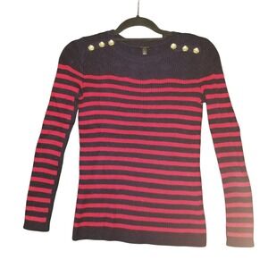 Talbots Nautical Sweater Striped Navy Red Gold Buttons Size Petite Long Sleeve